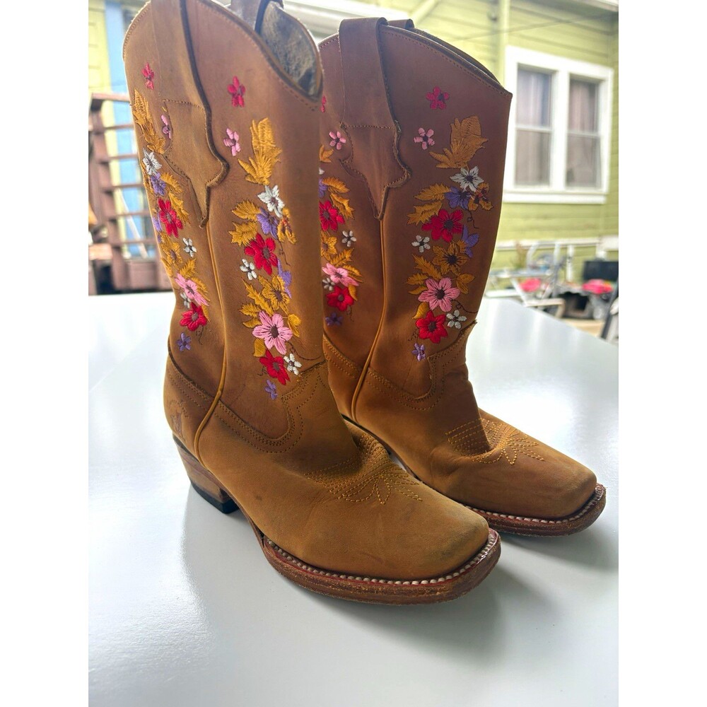 Romeo Boots girls Western Cowboy Boots Tan Floral Embroidered US 5.5